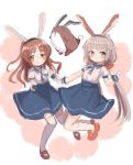  2girls alternate_costume animal_ears blouse blue_neckwear blue_skirt bokukawauso brown_eyes brown_hair commentary_request green_eyes grey_hair kantai_collection kneehighs long_hair long_skirt low_twintails matching_outfit mikura_(kantai_collection) multiple_girls neck_ribbon otter puffy_short_sleeves puffy_sleeves rabbit_ears red_footwear ribbon short_sleeves skirt thigh-highs twintails white_blouse white_legwear wss_(nicoseiga19993411) yashiro_(kantai_collection) 