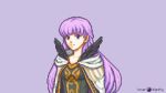  1girl black_clothes black_feathers breasts cape cloak closed_mouth commission commissioner_upload expressionless feathers fire_emblem fire_emblem:_the_binding_blade fire_emblem_heroes long_hair lunar_dignity medium_breasts pixel_art purple_background purple_hair signature solo sophia_(fire_emblem) very_long_hair violet_eyes white_cape white_cloak 
