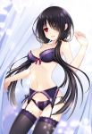  1girl artist_request black_hair bow bow_bra bow_panties bra breasts clock_eyes date_a_live garter_belt hair_over_one_eye highres lingerie long_hair low_twintails medium_breasts open_mouth panties purple_bra purple_panties red_eyes smile solo source_request standing symbol-shaped_pupils thigh-highs tokisaki_kurumi twintails underwear underwear_only very_long_hair yellow_eyes 