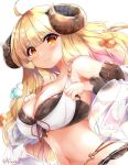  1girl ahoge anila_(granblue_fantasy) bangs bare_shoulders bikini black_bikini black_sleeves blonde_hair blue_flower blush breasts brown_flower closed_mouth commentary_request curled_horns detached_sleeves draph eyebrows_visible_through_hair flower fuuna granblue_fantasy hair_flower hair_ornament hands_up highres horns large_breasts layered_bikini long_hair navel red_eyes red_ribbon ribbon ribbon-trimmed_bikini ribbon-trimmed_sleeves ribbon_trim see-through sheep_horns short_eyebrows simple_background smile solo swimsuit thick_eyebrows very_long_hair white_background white_bikini 