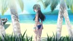  1girl ass beach bikini black_hair blue_bikini blue_scrunchie blue_sky boat clouds commentary_request day flat_chest from_behind glasses green_eyes hairband highres horizon kantai_collection long_hair looking_at_viewer looking_back mikan_29344886 mountain ooyodo_(kantai_collection) outdoors palm_tree scrunchie semi-rimless_eyewear sky solo swimsuit tree under-rim_eyewear watercraft white_hairband wrist_scrunchie 