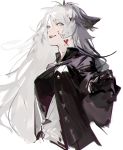  1girl animal_ears arknights black_coat black_gloves black_shirt blood blood_on_face breasts coat cowboy_shot fangs gloves grey_eyes hair_between_eyes jacket lappland_(arknights) long_hair looking_at_viewer medium_breasts nineo open_clothes open_coat open_mouth shirt silver_hair simple_background smile solo white_background white_jacket wolf_ears 