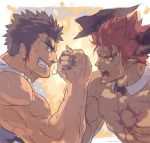  2boys abs arm_wrestling bara beard brown_hair chest chest_tattoo collarbone dark_skin dark_skinned_male facial_hair horns ifrit_(tokyo_houkago_summoners) kengo_(tokyo_houkago_summoners) male_focus manly multiple_boys muscle nikism nipples pectorals pointy_ears red_eyes redhead shirtless sketch spiky_hair tank_top tattoo tokyo_houkago_summoners upper_body 