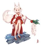  1girl animal_ear_fluff animal_ears bare_shoulders bell bow brown_footwear closed_mouth collarbone detached_sleeves fox_ears fox_girl fox_tail fundoshi gohei groin hair_bell hair_ornament hair_ribbon highres holding japanese_clothes jingle_bell kazana_(sakuto) kimono long_sleeves looking_at_viewer navel original red_bow red_eyes red_ribbon ribbon ribbon-trimmed_sleeves ribbon_trim short_eyebrows short_hair signature simple_background sleeveless sleeveless_kimono sleeves_past_wrists smile solo standing tail thick_eyebrows two_side_up white_background white_hair white_kimono white_sleeves wide_sleeves zouri 