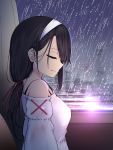  1girl bangs bare_shoulders black_hair breasts building city_lights cityscape closed_eyes closed_mouth dress from_side hairband highres lavie long_hair medium_breasts night original ponytail rain red_ribbon ribbon skyscraper solo speed_lines upper_body white_dress white_hairband 