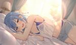  1girl :d bed blue_eyes blue_hair boyshort_panties bra camisole curtains envyvanity hair_down heart hololive hoshimachi_suisei lamp looking_at_viewer lying midriff navel on_bed on_side open_mouth panties pillow smile solo spoken_heart sunlight underwear virtual_youtuber 