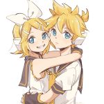  1boy 1girl aqua_eyes arm_warmers arms_around_neck arms_around_waist bangs bare_shoulders black_collar black_sleeves blonde_hair bow closed_mouth collar expressionless from_side grey_collar grey_sleeves grin hair_bow hair_ornament hairclip headphones highres hug kagamine_len kagamine_rin looking_at_viewer looking_to_the_side m0ti neckerchief necktie sailor_collar school_uniform shirt short_hair short_ponytail short_sleeves sleeveless sleeveless_shirt smile spiky_hair swept_bangs twitter_username upper_body vocaloid white_background white_bow white_shirt yellow_neckwear 