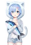  1girl :3 alternate_costume animal animal_ears animal_hood animal_hug bangs blue_eyes blue_hair blue_shorts blush breasts cat_hood cat_tail collarbone eyebrows_visible_through_hair eyes_visible_through_hair fake_animal_ears fake_tail fish fur_trim green_jacket hair_ornament hair_over_one_eye highres holding holding_animal holding_fish hood jacket long_sleeves looking_at_viewer open_mouth re:zero_kara_hajimeru_isekai_seikatsu rem_(re:zero) ribbon shirt short_hair shorts smile solo tail tears thigh-highs white_legwear white_shirt x_hair_ornament zipgaemi 