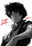  1boy closed_mouth copyright_name cowboy_bebop highres kotatsu_(g-rough) looking_at_viewer male_focus popped_collar shirt signature simple_background smile solo spike_spiegel upper_body white_background 