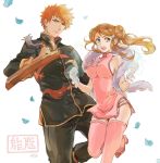  1boy 1girl bleach bracelet breasts brown_eyes brown_hair china_dress chinese_clothes closed_mouth cowboy_shot double_bun dress feather_boa hair_ornament hairclip hairpin hara_hikaru holding holding_weapon inoue_orihime jewelry kurosaki_ichigo large_breasts long_hair looking_at_viewer open_mouth orange_hair petals pink_dress pink_legwear sidelocks simple_background sleeveless sleeveless_dress standing_on_one_leg teeth thigh-highs weapon white_background 