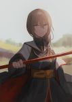  1girl bangs blurry blurry_background borrowed_character braid breasts bridal_gauntlets brown_eyes brown_hair chihuri closed_mouth day depth_of_field eyebrows_visible_through_hair hair_between_eyes hair_over_shoulder highres holding holding_weapon long_hair looking_at_viewer medium_breasts original outdoors red_skirt skirt solo striped weapon 