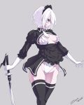  alternate_costume black_legwear blue_eyes breasts cleavage_cutout covered_nipples dated enmaided eyebrows_visible_through_hair eyes_visible_through_hair frills gloves grey_background highres holding holding_weapon katana leotard maid maid_headdress necktie nier_(series) nier_automata parted_lips pink_lips puffy_sleeves scarlet_zel short_hair signature simple_background sword thigh-highs weapon white_gloves white_hair white_neckwear yorha_no._2_type_b 
