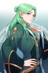  1boy blue_background commentary commission drawingddoom earrings english_text fire_emblem fire_emblem:_three_houses gradient gradient_background green_eyes green_hair hand_on_hip highres jewelry linhardt_von_hevring long_hair long_sleeves looking_at_viewer pointy_ears simple_background solo standing upper_body watermark white_background 