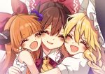  3girls ascot bangs blonde_hair blunt_bangs blurry blurry_background blush bow braid brown_hair closed_eyes collared_shirt commentary depth_of_field fang frilled_hat frills group_hug hair_between_eyes hair_bow hakurei_reimu hat highres horn_ornament horn_ribbon horns hug ibuki_suika kirisame_marisa kyouda_suzuka long_braid long_hair medium_hair multiple_girls nail_polish oni open_mouth orange_hair puffy_short_sleeves puffy_sleeves red_nails ribbon shirt short_sleeves sidelocks simple_background sleeveless smile touhou upper_body very_long_hair white_background white_shirt witch_hat yellow_neckwear 