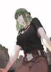  1girl bangs black_shirt breasts closed_mouth commentary_request eyebrows_visible_through_hair green_eyes green_hair highres jewelry jun_(seojh1029) large_breasts looking_to_the_side medium_hair necklace pants shirt short_sleeves sidelocks solo 