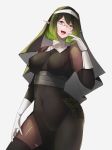  1girl breasts covered_navel english_commentary glasses gloves green_hair highres laughing lelehitam1 long_pointy_ears looking_down mature medium_breasts nun open_mouth original pointy_ears red_eyes short_hair solo veil white_gloves 