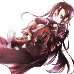  1girl bangs black_coat black_gloves black_hair black_pants closed_mouth coat floating_hair gloves hair_between_eyes kirito_(sao-ggo) long_hair long_sleeves pants sau_(bluepoper) shiny shiny_hair simple_background smile solo sword_art_online thigh_strap very_long_hair violet_eyes white_background 