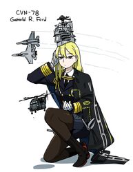  1girl anyan_(jooho) black_cape black_footwear black_jacket black_legwear black_skirt blonde_hair blue_eyes boots cape ch-53 f-18_hornet formal full_body gloves hand_on_own_head highres jacket kneeling long_hair long_sleeves looking_at_viewer mecha_musume original pantyhose skirt skirt_suit solo suit united_states_navy white_gloves 