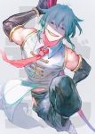  1boy aqua_eyes aqua_hair bare_shoulders black_gloves chinese_clothes elbow_gloves eyebrows_visible_through_hair gloves grin holding holding_staff holding_weapon leg_up male_focus necktie red_neckwear shaded_face shen_(undead_unluck) signature smile solo staff teeth undead_unluck waterstaring weapon 