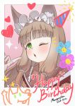  1girl animal_ear_fluff animal_ears bangs blunt_bangs blush border brown_hair dated english_text green_eyes hair_ornament hair_tubes hand_up happy_birthday highres index_finger_raised looking_at_viewer maho_(princess_connect!) mountain_han one_eye_closed parted_lips princess_connect! princess_connect!_re:dive signature solo upper_body white_border 