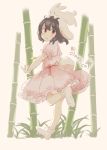  1girl :d absurdres animal_ears bamboo bamboo_forest blush_stickers brown_hair bunny_tail carrot_necklace commentary_request dress eyebrows_visible_through_hair forest from_side full_body highres inaba_tewi inazakura00 looking_at_viewer nature open_mouth pink_dress puffy_short_sleeves puffy_sleeves rabbit rabbit_ears red_eyes short_sleeves smile solo tail touhou white_legwear 