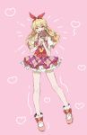  1girl aikatsu! aikatsu!_(series) blonde_hair bow hair_bow heart highres holding holding_mirror hoshimiya_ichigo idol long_hair mahirondo mirror open_mouth pink_background red_bow red_eyes solo 