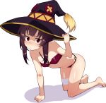  1girl all_fours bandaged_leg bandages barefoot bikini black_bikini black_hair blush breasts full_body hat highres homura_shinji kono_subarashii_sekai_ni_shukufuku_wo! looking_at_viewer megumin navel open_mouth red_eyes ribs short_hair small_breasts solo swimsuit witch_hat 