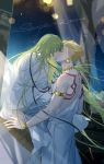  2boys armlet back_tattoo bangs bare_shoulders blonde_hair bracelet closed_eyes earrings english_commentary enkidu_(fate/strange_fake) eyebrows_visible_through_hair fate/grand_order fate_(series) from_side gilgamesh green_hair highres holding_hands jewelry kiss long_hair male_focus multiple_boys necklace night night_sky rrr_(reason) sample short_hair sitting sky star_(sky) starry_sky tattoo very_long_hair white_robe yaoi 