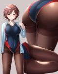  1girl arm_at_side ass bangs blue_jacket blue_swimsuit blush breasts brown_eyes brown_hair brown_legwear close-up collarbone competition_swimsuit covered_navel cowboy_shot eyebrows_visible_through_hair grey_background groin hair_ornament hairclip hand_up highres higuchi_madoka idolmaster idolmaster_shiny_colors jacket k-chitsu large_breasts long_sleeves looking_at_viewer mole mole_under_eye multiple_views one-piece_swimsuit open_clothes open_jacket pantyhose parted_lips red_swimsuit shiny shiny_hair short_hair simple_background standing swept_bangs swimsuit thighband_pantyhose thighs two-tone_swimsuit 