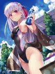  1girl black_swimsuit blue_sky blurry bottle building clouds commentary_request competition_swimsuit cowboy_shot day depth_of_field dutch_angle earrings fate/grand_order fate_(series) hair_ribbon highleg highleg_swimsuit jewelry kama_(fate/grand_order) long_hair looking_at_viewer one-piece_swimsuit outdoors purple_hair red_eyes red_ribbon renka_(renkas) ribbon sky solo standing swimsuit tree water_bottle 