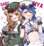  2girls alternate_costume amamiya_kokoro animal_ears belt blue_hair blush cat_ears commentary_request epaulettes gloves green_eyes hat highres looking_at_viewer low_twintails midriff military military_hat military_jacket military_uniform multiple_girls nijisanji open_mouth paw_pose saka_(sksmaaaa2) twintails uniform virtual_youtuber warabeda_meijii white_background wolf_ears yellow_eyes 