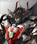  1boy artist_name autobot blue_eyes close-up grey_background kim_yura_(goddess_mechanic) looking_down mecha no_humans solo transformers wheeljack 