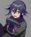  1boy bag black_jacket blurry_foreground commentary_request dangan_ronpa grey_background hair_between_eyes highres holding holding_bag huyuharu0214 jacket long_hair long_sleeves looking_at_viewer lower_teeth male_focus new_dangan_ronpa_v3 object_hug open_mouth ouma_kokichi purple_hair school_uniform shirt signature simple_background smile solo tears violet_eyes 