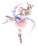 1girl absurdres atelier_(series) atelier_totori bangs bare_shoulders boots breasts brown_hair collarbone cropped_jacket detached_sleeves dress eyebrows_visible_through_hair full_body headdress highres jacket knee_boots leg_up long_hair looking_at_viewer nelke_to_densetsu_no_renkinjutsushi_tachi noco_(adamas) official_art open_clothes open_jacket parted_lips short_dress simple_background skirt small_breasts solo staff standing standing_on_one_leg totooria_helmold white_background 