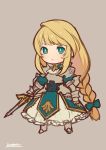 1girl armor armored_dress blue_bow blue_dress boots bow braid breastplate bright_pupils chibi closed_mouth dress eyebrows_visible_through_hair gauntlets green_eyes grey_background hair_bow highres holding holding_sword holding_weapon kotatsu_(g-rough) long_hair looking_at_viewer low-braided_long_hair original pauldrons princess_freia_(kotatsu_(g-rough)) shoulder_armor signature simple_background single_braid sketch solo standing sword very_long_hair weapon 