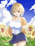  1girl :d belt blonde_hair blue_skirt blush brown_eyes day flower fuuraiyuu highres impossible_clothes jacket looking_at_viewer open_mouth orange_jacket original outdoors outstretched_hand shirt short_hair skirt smile solo standing summer sunflower white_shirt 