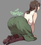  1girl 2020 agawa_ryou artist_name ass braid breasts brown_eyes brown_hair brown_legwear dated from_behind green_skirt grey_background large_breasts long_hair long_skirt original parted_lips shirt signature simple_background skirt sleeveless sleeveless_shirt solo tied_hair 