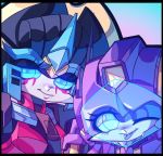  2girls autobot blue_eyes chibi close-up commission light_smile lilinapocalypse looking_to_the_side multiple_girls nautica no_humans one_eye_closed tongue tongue_out transformers visor windblade 