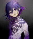 1boy arms_at_sides bangs black_background black_hair buttons checkered checkered_scarf commentary_request dangan_ronpa grey_background grin hair_between_eyes highres huyuharu0214 looking_at_viewer male_focus multicolored_hair new_dangan_ronpa_v3 ouma_kokichi pink_hair purple_hair scarf signature smile solo straitjacket two-tone_background two-tone_hair upper_teeth violet_eyes 
