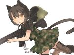  1girl animal_ears black_hair blush boots brown_eyes brown_footwear camouflage_dress cat_ears cat_helmet cat_tail dress from_side garter_straps green_dress gun holding holding_gun holding_weapon inazakura00 looking_at_viewer original parted_lips rifle short_hair signature simple_background solo tail thigh-highs twitter_username weapon white_background 