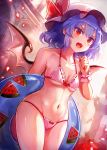  1girl 60mai bare_arms bare_shoulders bat_wings bikini blue_hair breasts collarbone fangs groin hat hat_ribbon innertube medium_hair mob_cap navel open_mouth pink_bikini pink_headwear red_eyes red_ribbon remilia_scarlet ribbon small_breasts solo standing stomach swimsuit touhou wings 