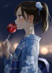  1girl absurdres blue_kimono blurry blurry_background blush brown_eyes brown_hair candy_apple commentary_request depth_of_field floral_print food hair_ornament hair_scrunchie hand_up highres holding holding_food japanese_clothes kimono long_sleeves looking_away obi original parted_lips pomu ponytail print_kimono profile revision sash scrunchie short_hair solo upper_body white_scrunchie wide_sleeves yukata 