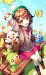  1girl :d absurdres arm_up bangs bench blush bob_cut brown_eyes brown_footwear brown_hair bug butterfly cardigan dress gen_8_pokemon grass green_headwear green_legwear grey_cardigan grookey ha_youn hat highres holding holding_poke_ball insect leaf long_sleeves looking_at_viewer open_mouth pink_dress poke_ball poke_ball_(basic) pokemon pokemon_(creature) pokemon_(game) pokemon_swsh scorbunny short_hair sitting smile sobble socks solo tam_o&#039;_shanter yuuri_(pokemon) 