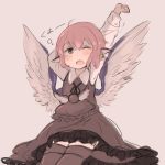  1girl animal_ears bird_ears bird_wings blush brown_dress brown_legwear dress earrings eyebrows_visible_through_hair feathered_wings green_eyes grey_background hand_up highres inazakura00 jewelry long_sleeves looking_at_viewer mystia_lorelei neck_ribbon one_eye_closed pink_hair ribbon round_teeth simple_background sitting solo spread_wings stretch teeth thigh-highs touhou upper_teeth wings yawning 