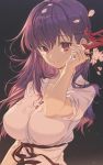  1girl breasts collarbone commentary_request eyebrows_visible_through_hair fate/stay_night fate_(series) flower highres holding holding_flower hong large_breasts light_smile long_hair looking_at_viewer matou_sakura petals purple_hair ribbon shirt short_sleeves solo upper_body violet_eyes white_flower white_petals white_shirt 