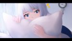  1girl bangs blue_eyes blue_skirt blurry blurry_background clock curtains depth_of_field eyebrows_visible_through_hair grey_hair indoors letterboxed long_hair looking_at_viewer notice_lines original pillow pillow_hug pleated_skirt shimmer skirt solo wall_clock 