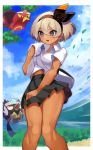  1girl bangs black_hairband black_skirt blonde_hair blush breasts clouds collared_shirt commentary_request dark_skin day eyelashes gen_8_pokemon hair_between_eyes hairband highres katwo_1 knees leaves_in_wind open_mouth outdoors pokemon pokemon_(creature) pokemon_(game) pokemon_swsh rookidee saitou_(pokemon) shiny shiny_skin shirt short_hair short_sleeves sizzlipede skirt sky sweat white_shirt 