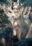  1girl absurdres animal_ears arknights bangs bare_shoulders bikini brown_eyes commentary eyebrows_visible_through_hair groin highres long_hair looking_at_viewer navel platinum_(arknights) silver_hair solo stomach swimsuit thighs vyragami white_bikini 
