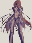  1girl armor arms_behind_back ass_visible_through_thighs breasts cowboy_shot don_(sjag3855) fate/grand_order fate_(series) from_behind hair_over_one_eye highres large_breasts long_hair looking_at_viewer navel purple_hair red_eyes scathach_(fate)_(all) scathach_(fate/grand_order) shoulder_armor simple_background solo under_boob very_long_hair 