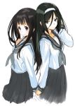  2girls back-to-back black_eyes black_hair black_sailor_collar black_skirt chitanda_eru closed_mouth from_side grey_neckwear hairband holding_hands hyouka irisu_fuyumi long_hair long_sleeves looking_at_viewer multiple_girls neckerchief pleated_skirt sailor_collar school_uniform serafuku shirabi shirt simple_background skirt smile violet_eyes white_background white_shirt 